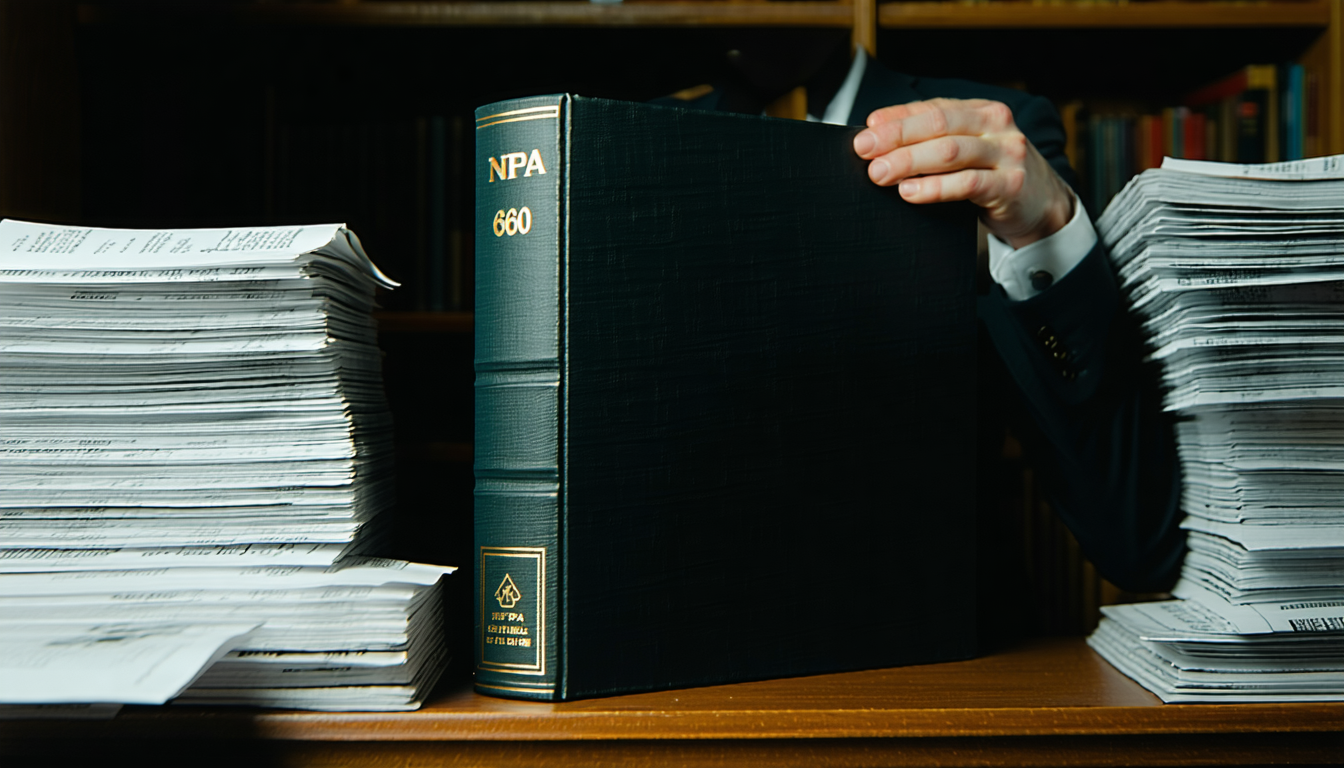 Person reviewing NFPA 660 binder with old code manuals nearby.