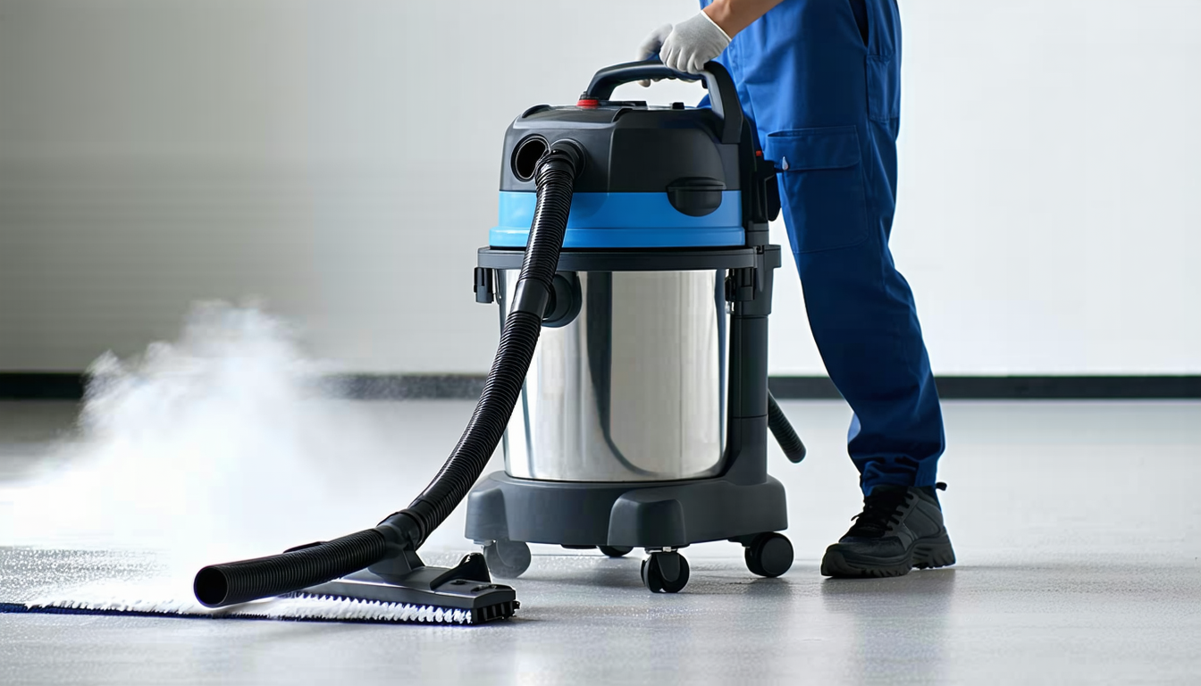 Industrial vacuum with HEPA filter used on surfaces by worker.