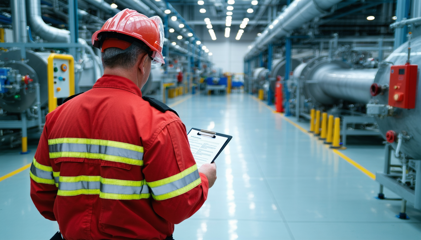 Fire marshal inspecting factory for NFPA compliance.