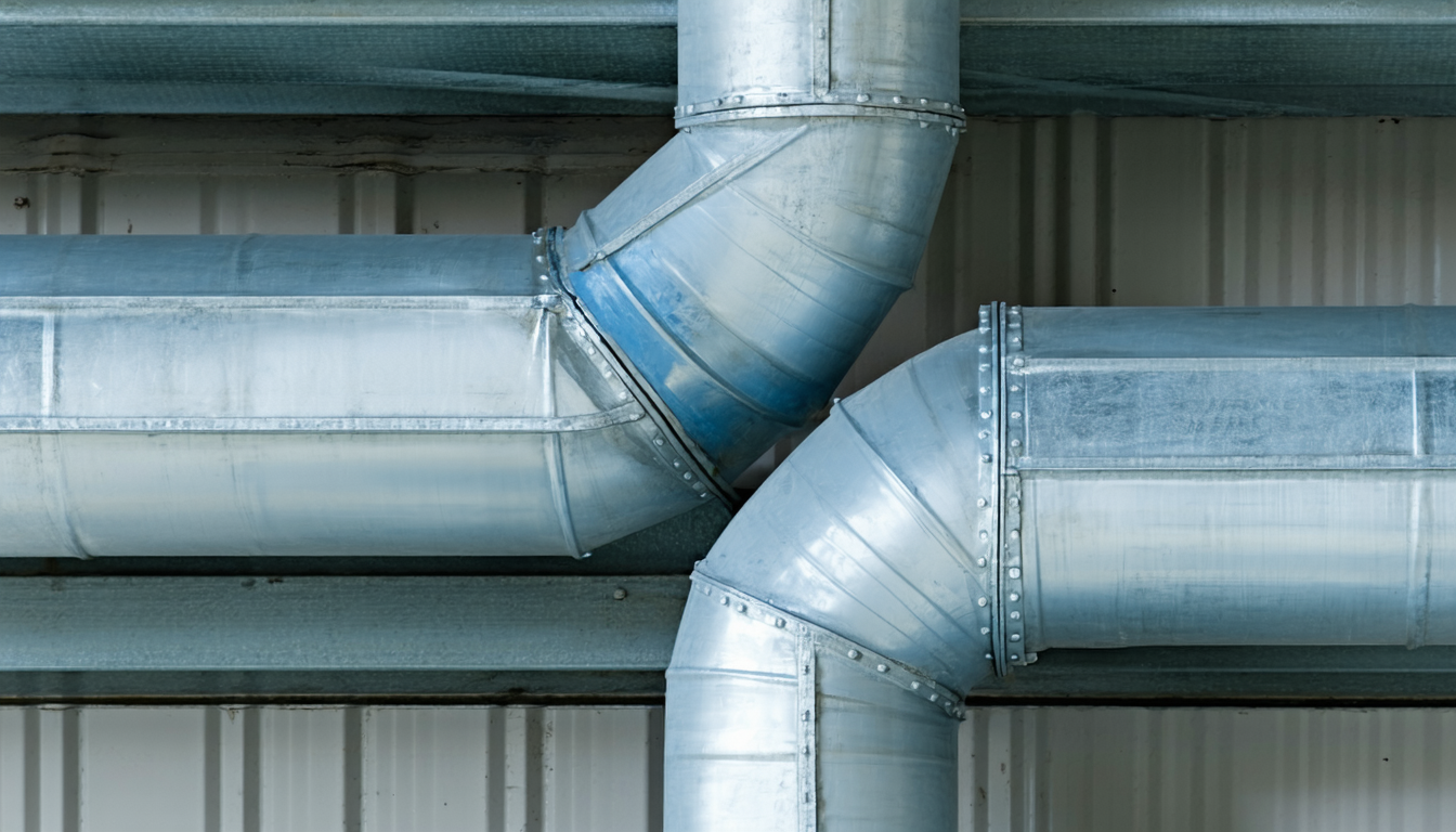 Metal ductwork bonding points with flanged joints and jumpers.