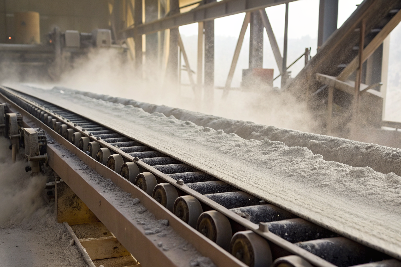 Conveyor belt in sugar plant with thick dust and misaligned parts.