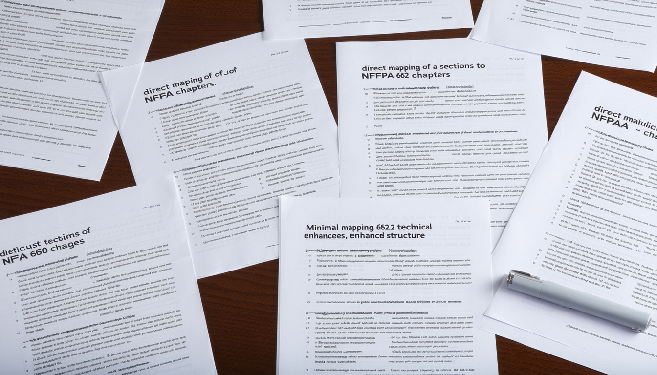 Desk with NFPA 652 to NFPA 660 mapping documents.