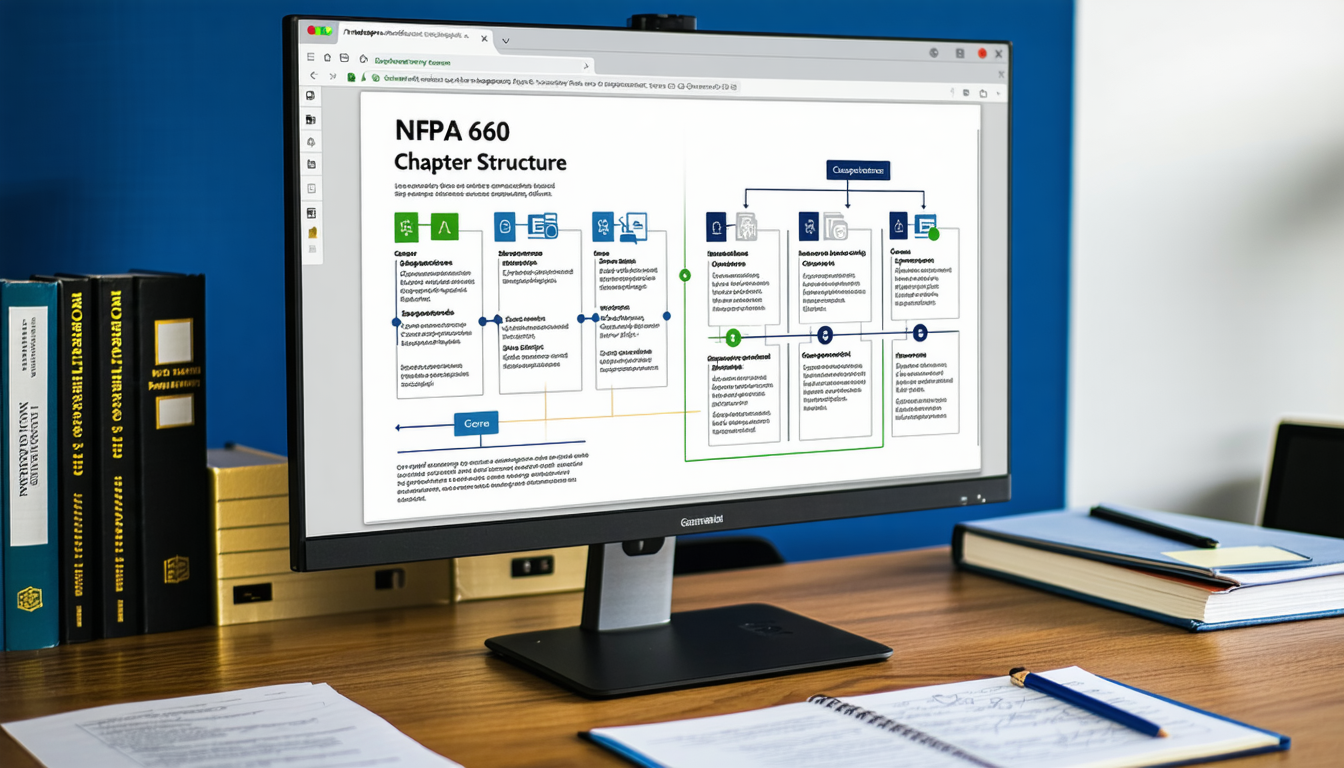 Computer screen displaying NFPA 660 chapter structure diagram.
