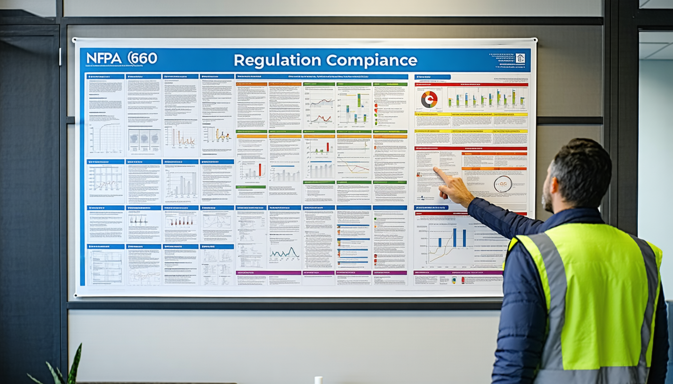 Inspector pointing at NFPA 660 wall chart in compliance office.