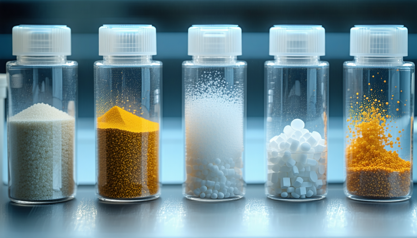 Pharmaceutical lab with diverse dust samples in clear containers.