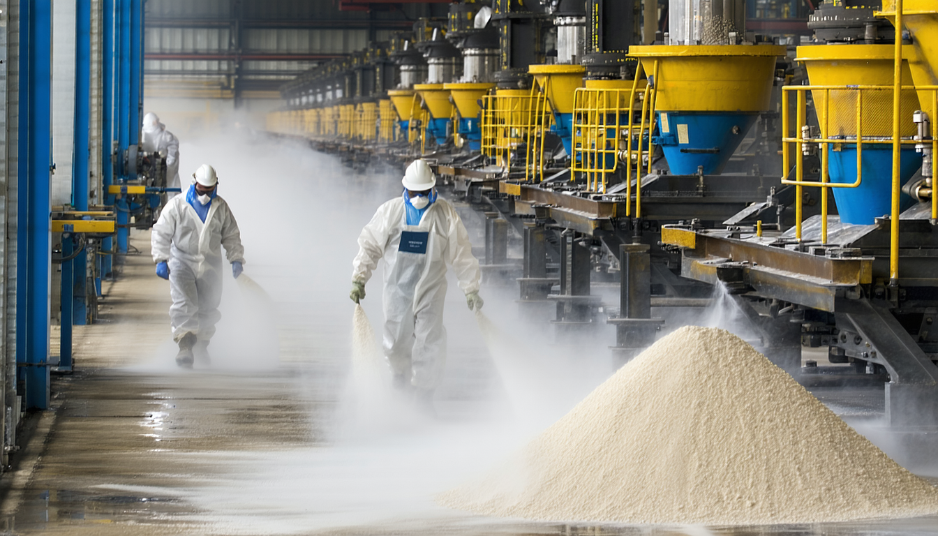 Facility with workers handling dust-producible materials under strict safety protocols.