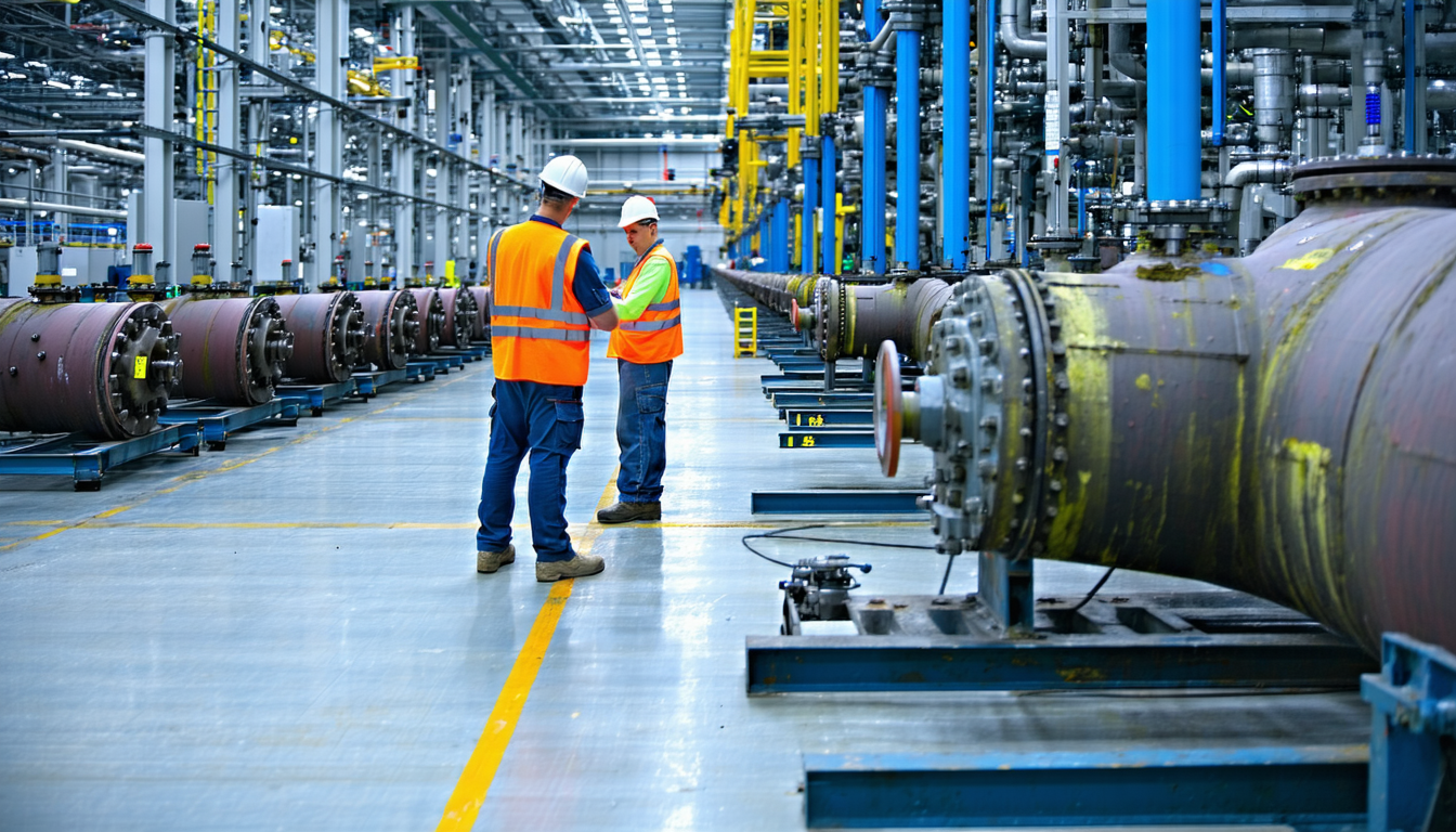 Factory floor with workers evaluating equipment temperature labels for safety.