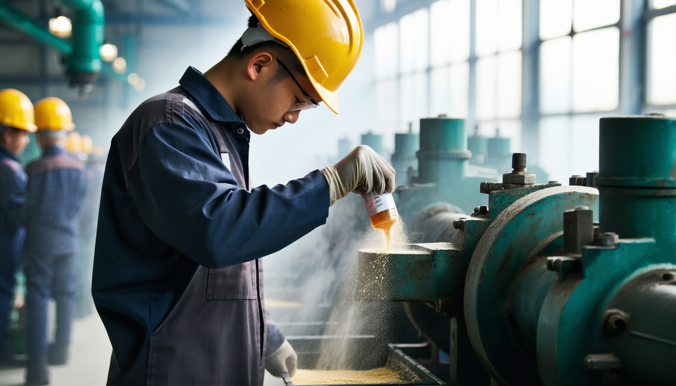 Factory worker collecting dust samples from machinery.