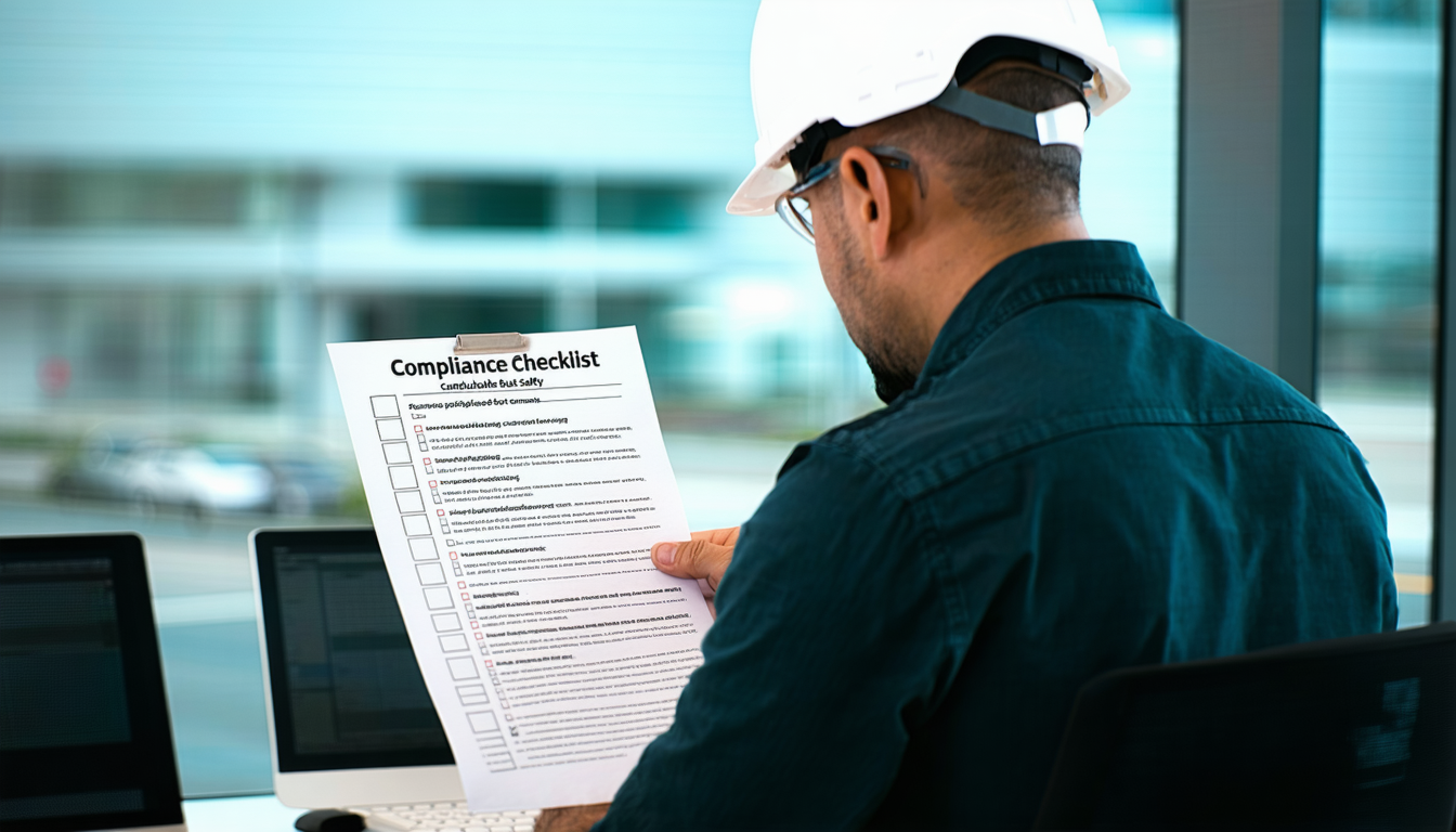 Plant manager reviewing a combustible dust safety compliance checklist.