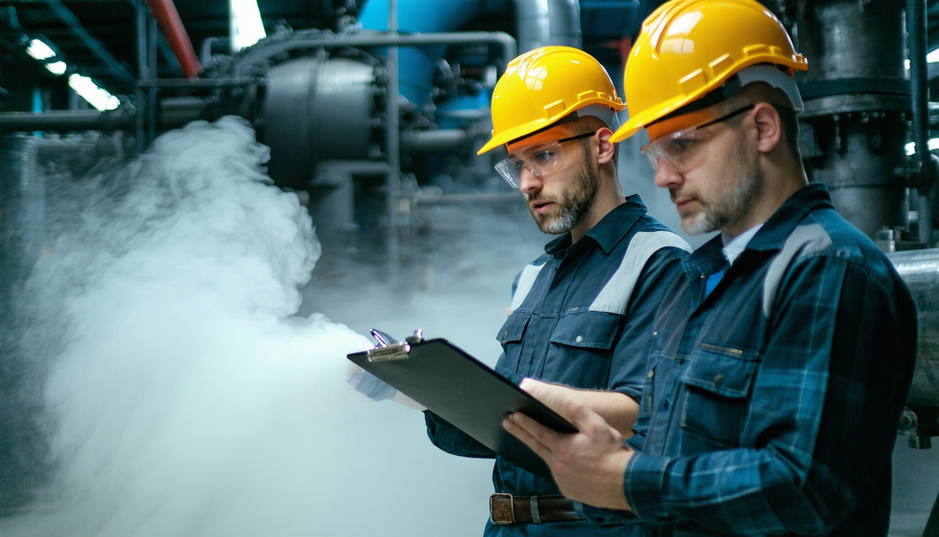 Engineers inspecting dust in an industrial facility.