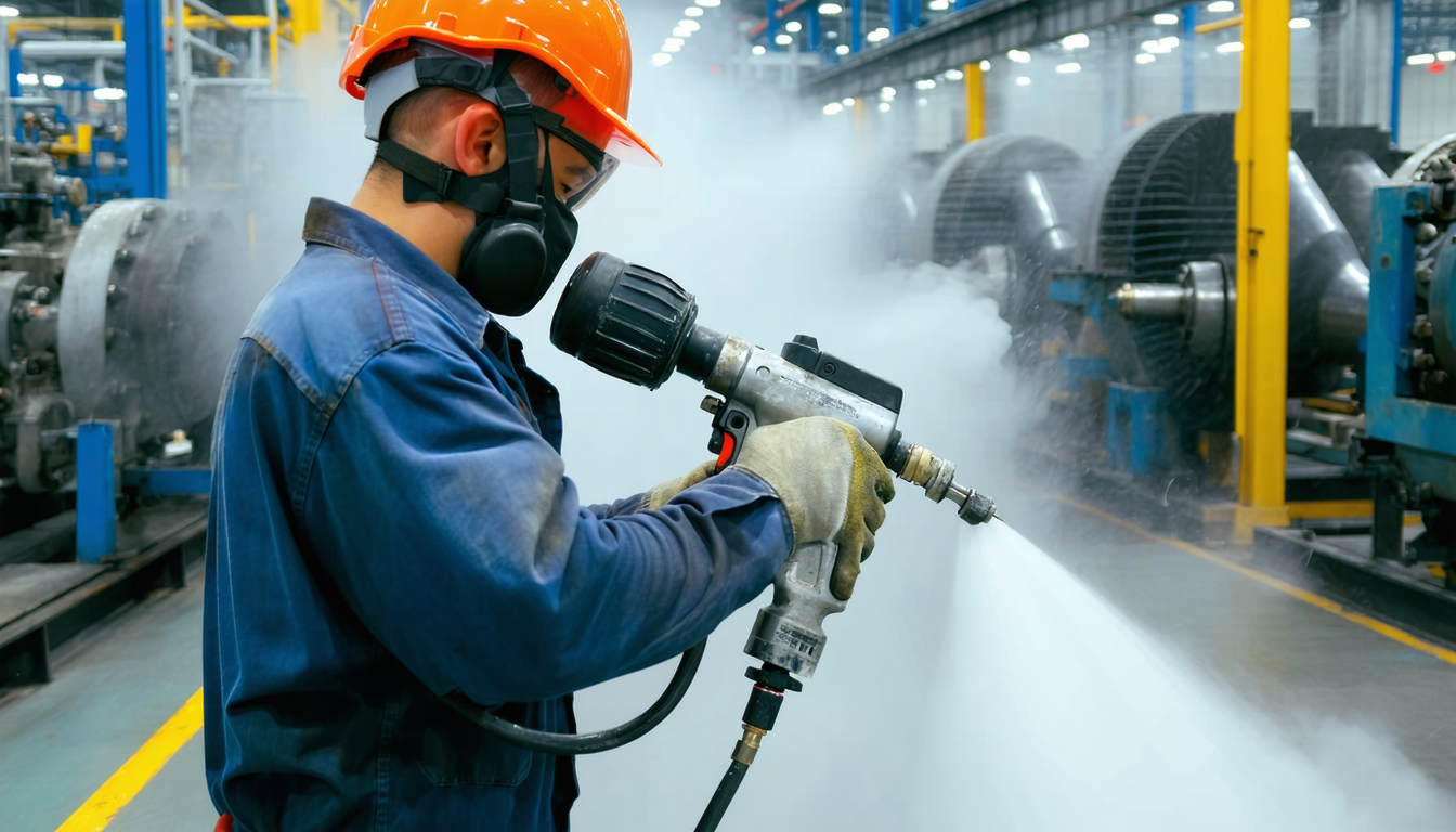 Technician using compressed air tool, dust visible.