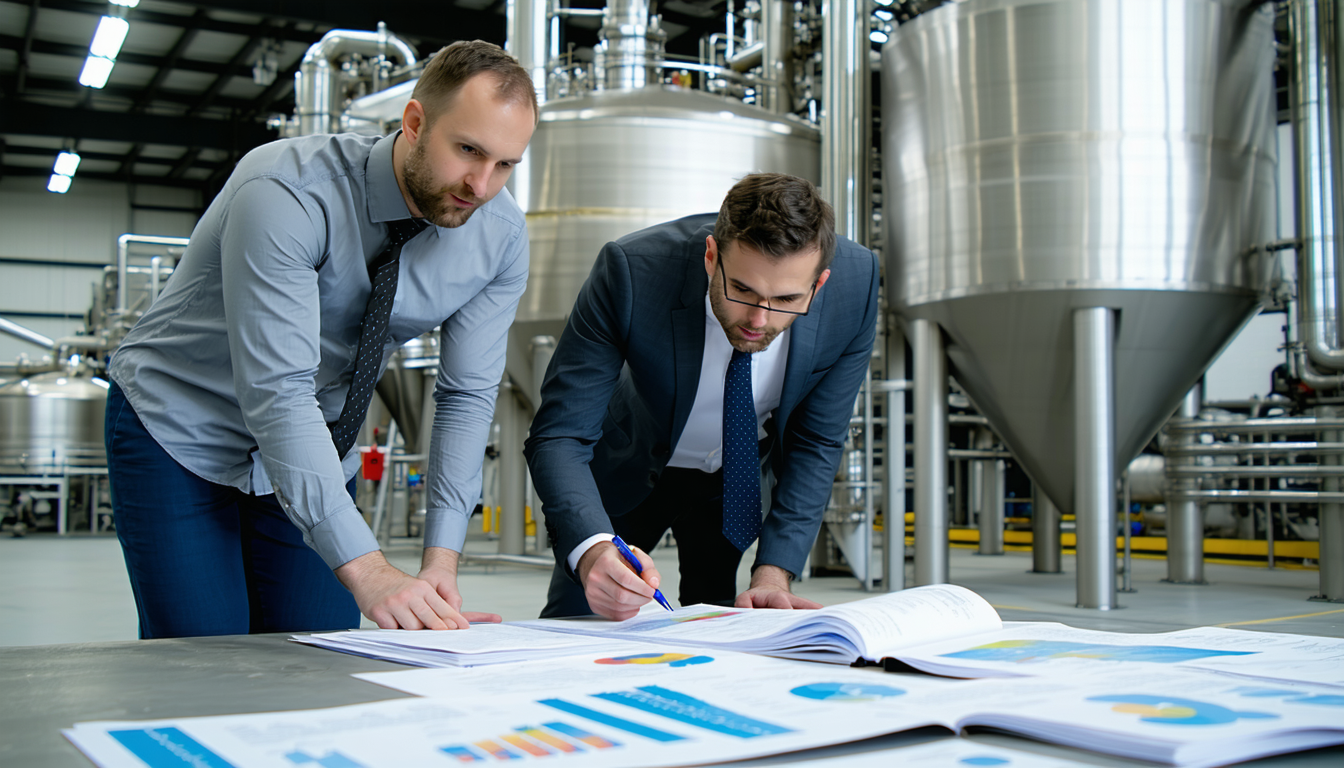 Consultants reviewing a site report in an industrial setting.