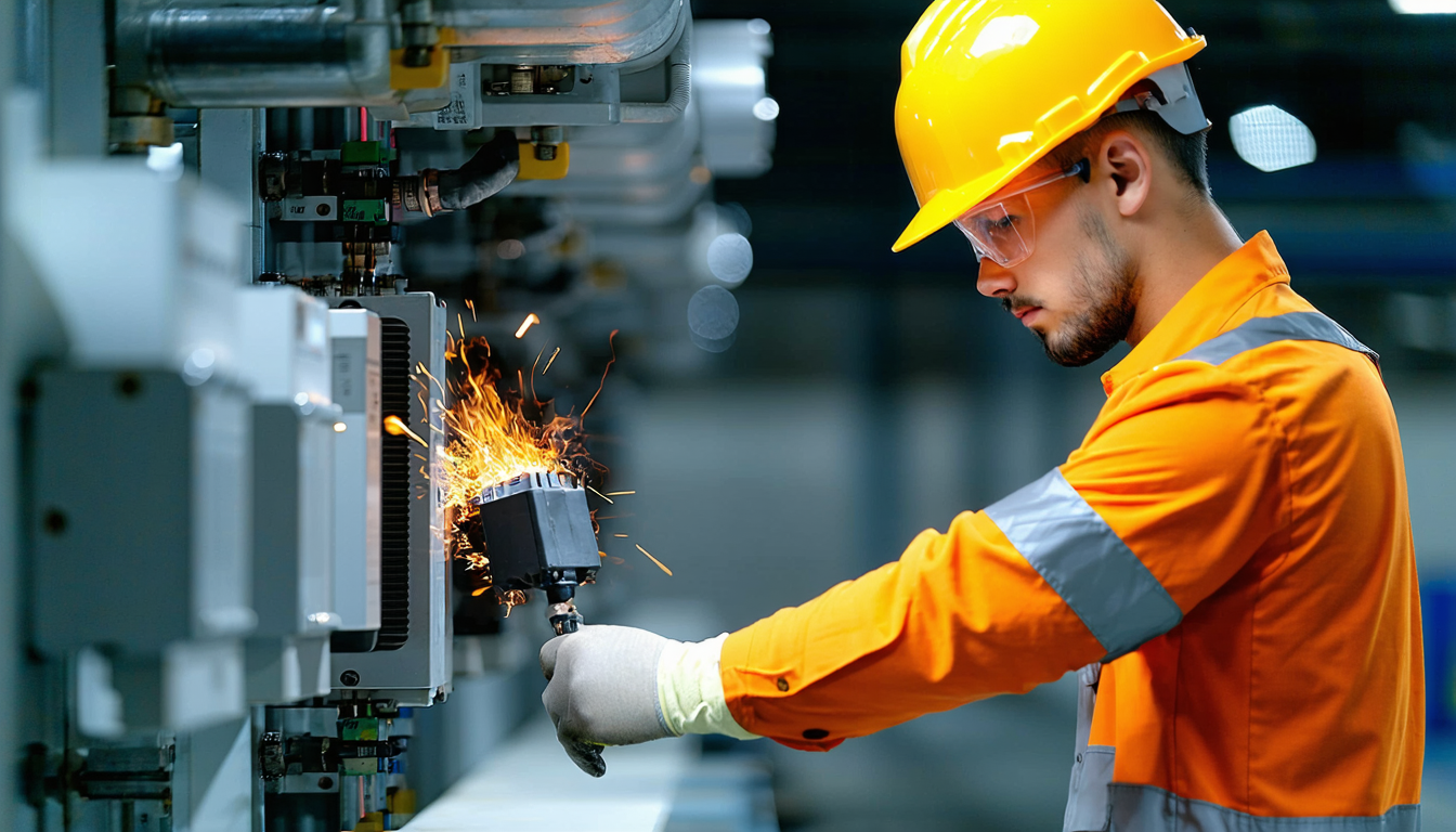 Worker eliminating ignition sources in a factory setting.