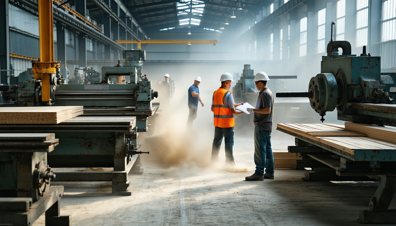 Woodworking shop interior with dust and cost sheets.