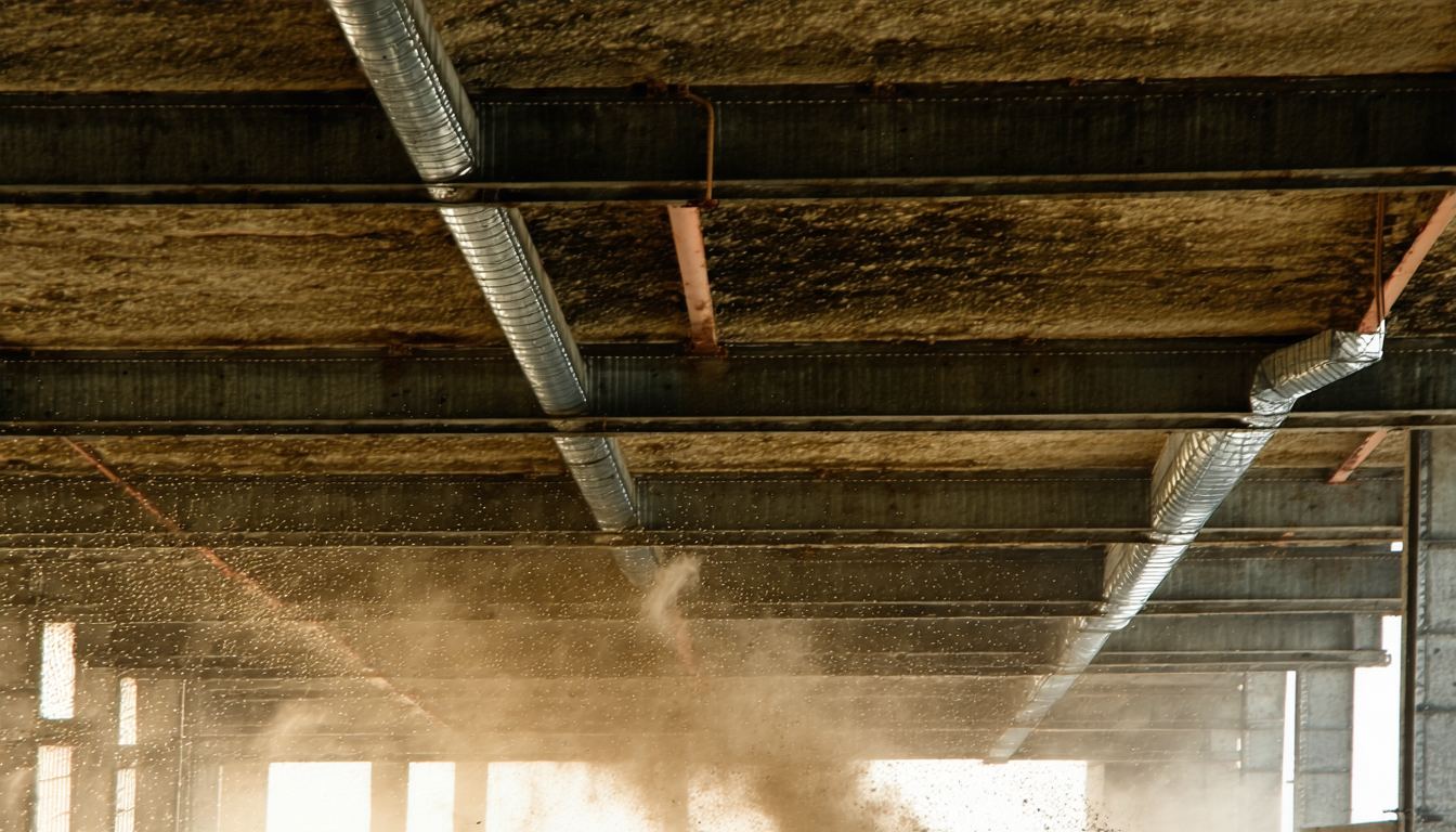 Dust-covered industrial beams and ductwork.