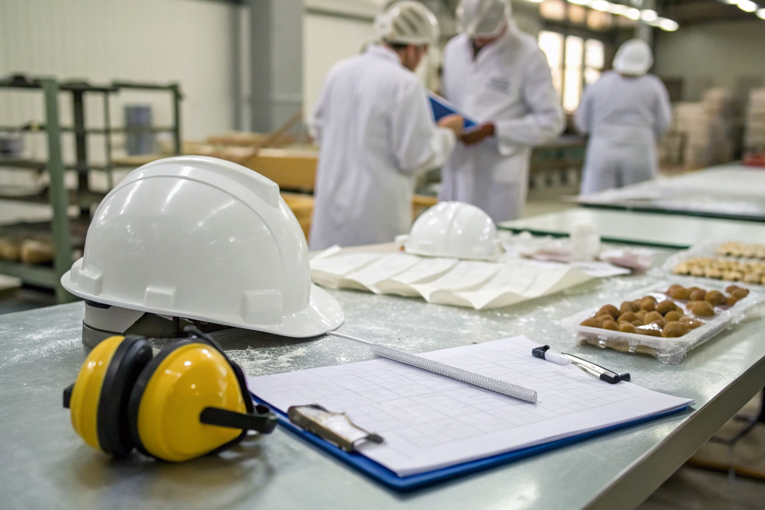 Sugar facility with documents and safety equipment on a table.
