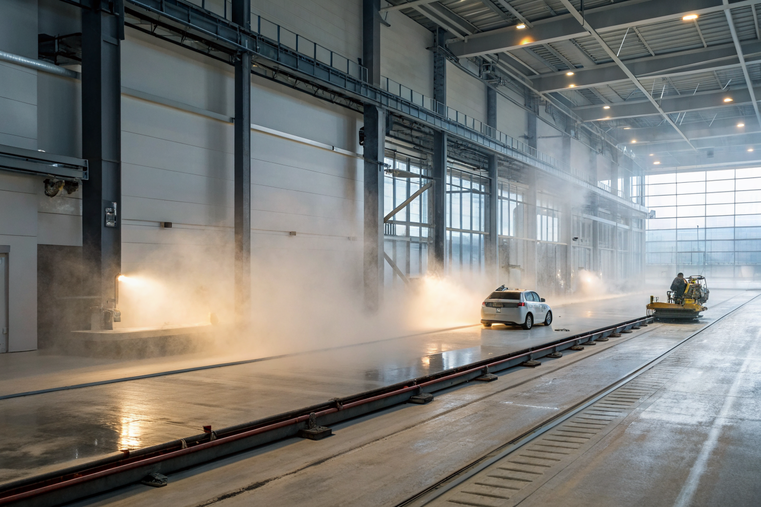 Industrial facility with dust accumulation on surfaces.