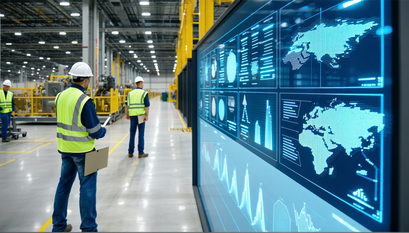 Workers examining new equipment with dust profile diagrams visible.