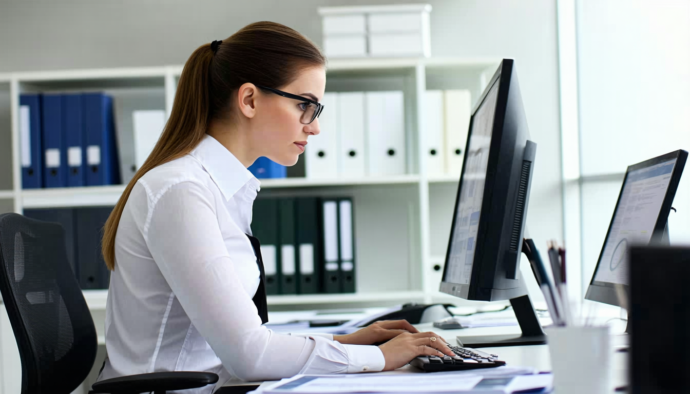 Officer updates documents on computer with manuals nearby.
