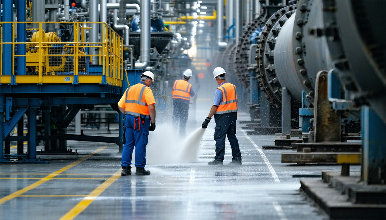 Industrial plant with workers inspecting machinery amid visible dust particles.