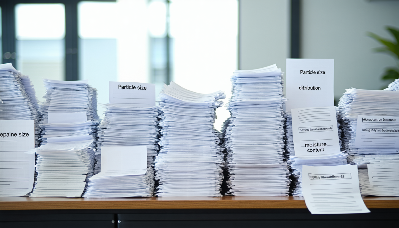 Office desk with stacks of categorized documents.