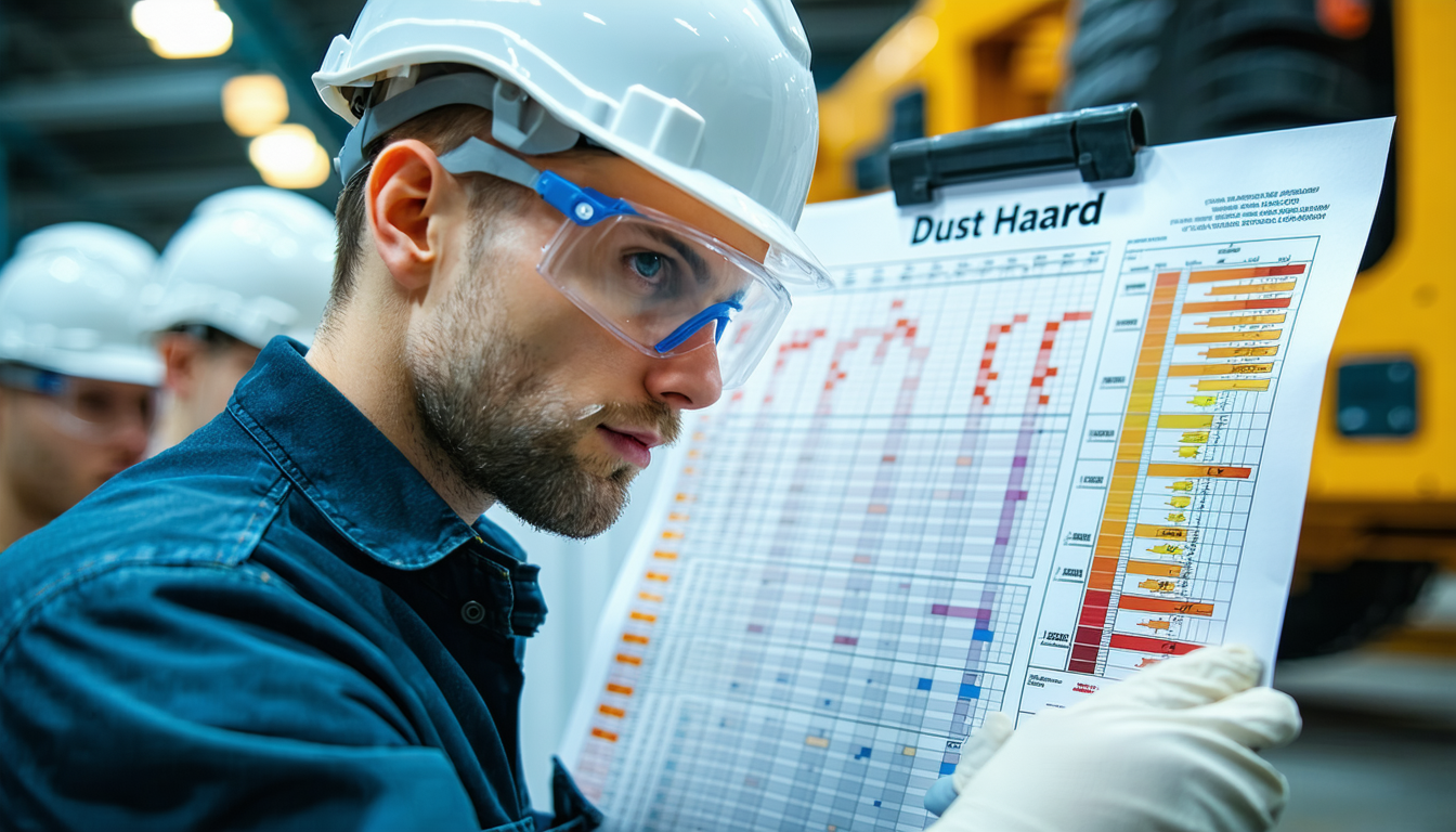 Safety engineer analyzing dust hazard test chart in a factory.