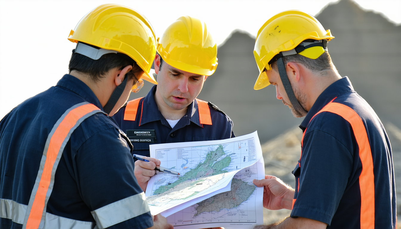 Emergency team reviewing plans with maps and procedures.