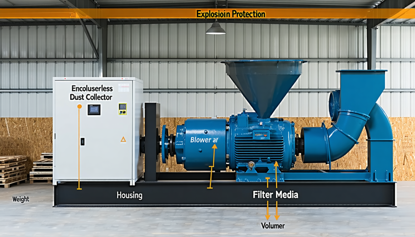 Enclosureless dust collector in shop, labeled components, high resolution.