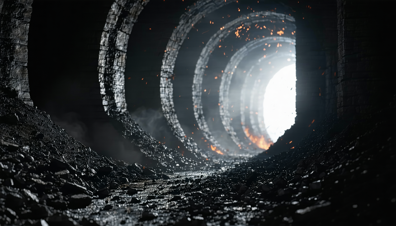 Coal mine tunnel with dramatic lighting and suspended coal dust particles.