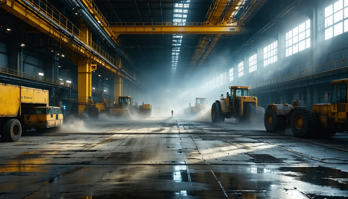 Factory scene with inspectors examining dust layer for OSHA compliance.