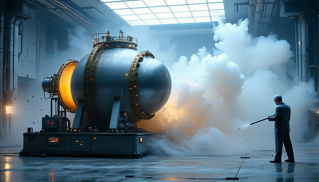 Lab setup with a 20-liter sphere for dust explosion test, dramatic lighting.