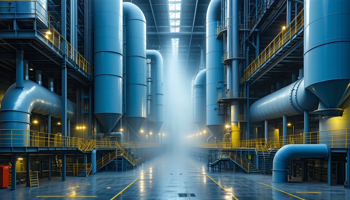 High-tech dust collection system in an industrial facility with dramatic lighting and fog.