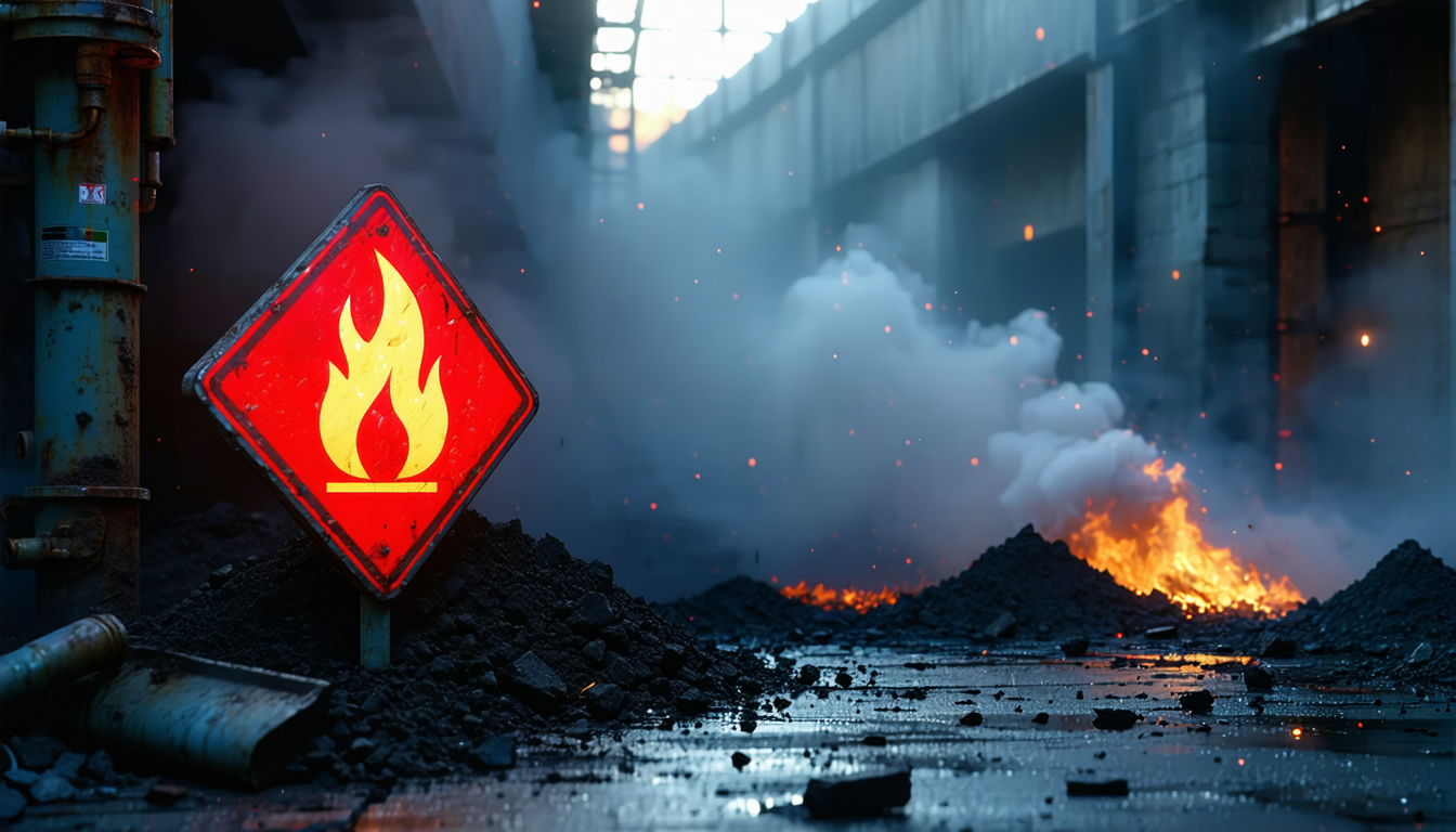 Dramatic GHS flame symbol on a red diamond label, hyper-detailed, cinematic lighting.