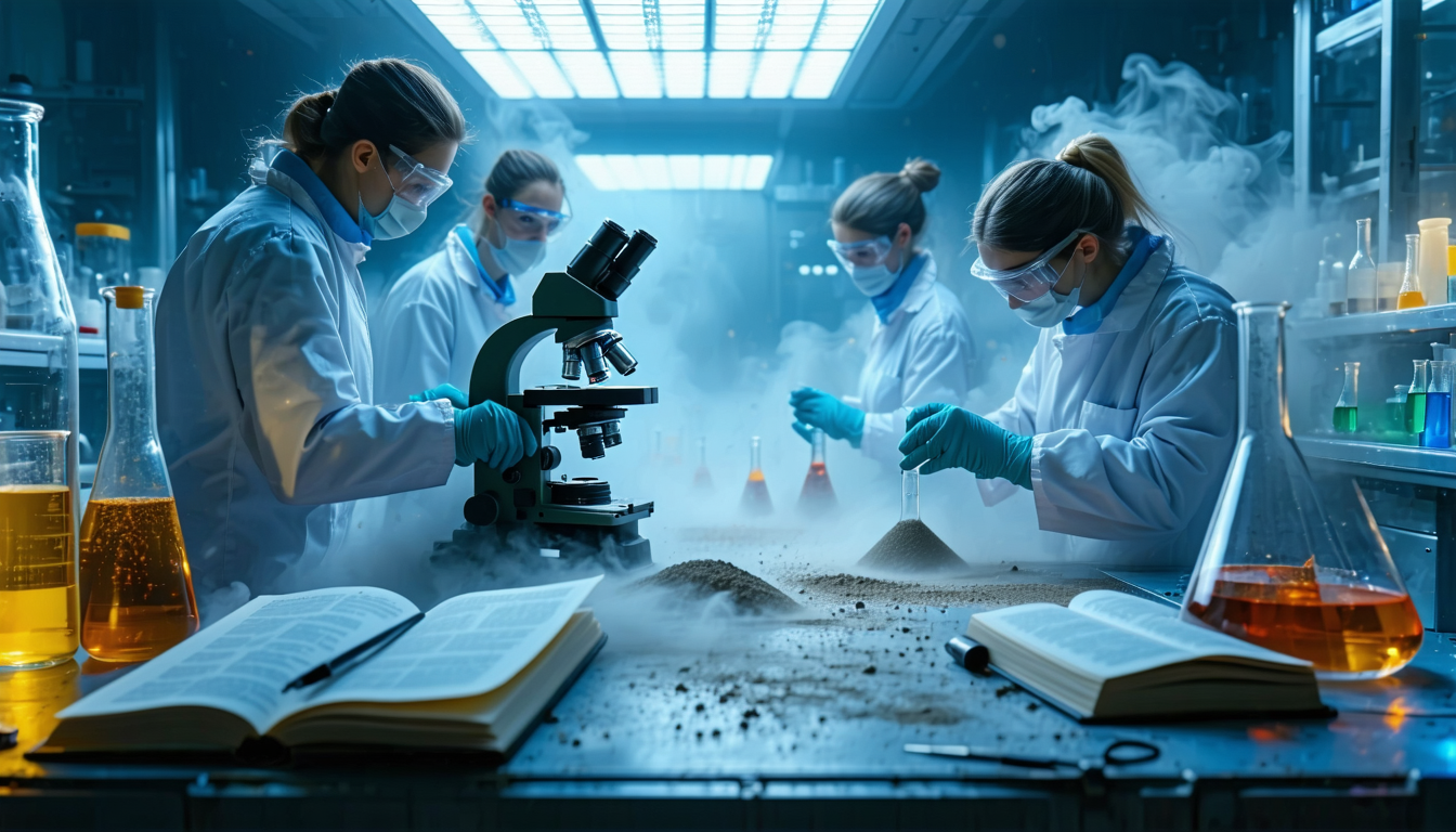 Scientists examining dust samples in a laboratory with dramatic lighting.