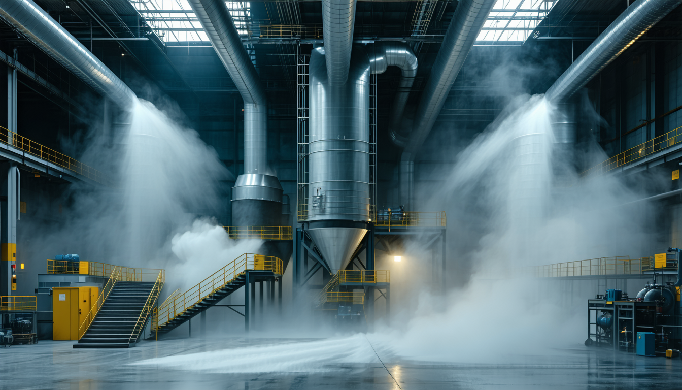 Industrial facility with dust collectors and safety signage in dramatic lighting.