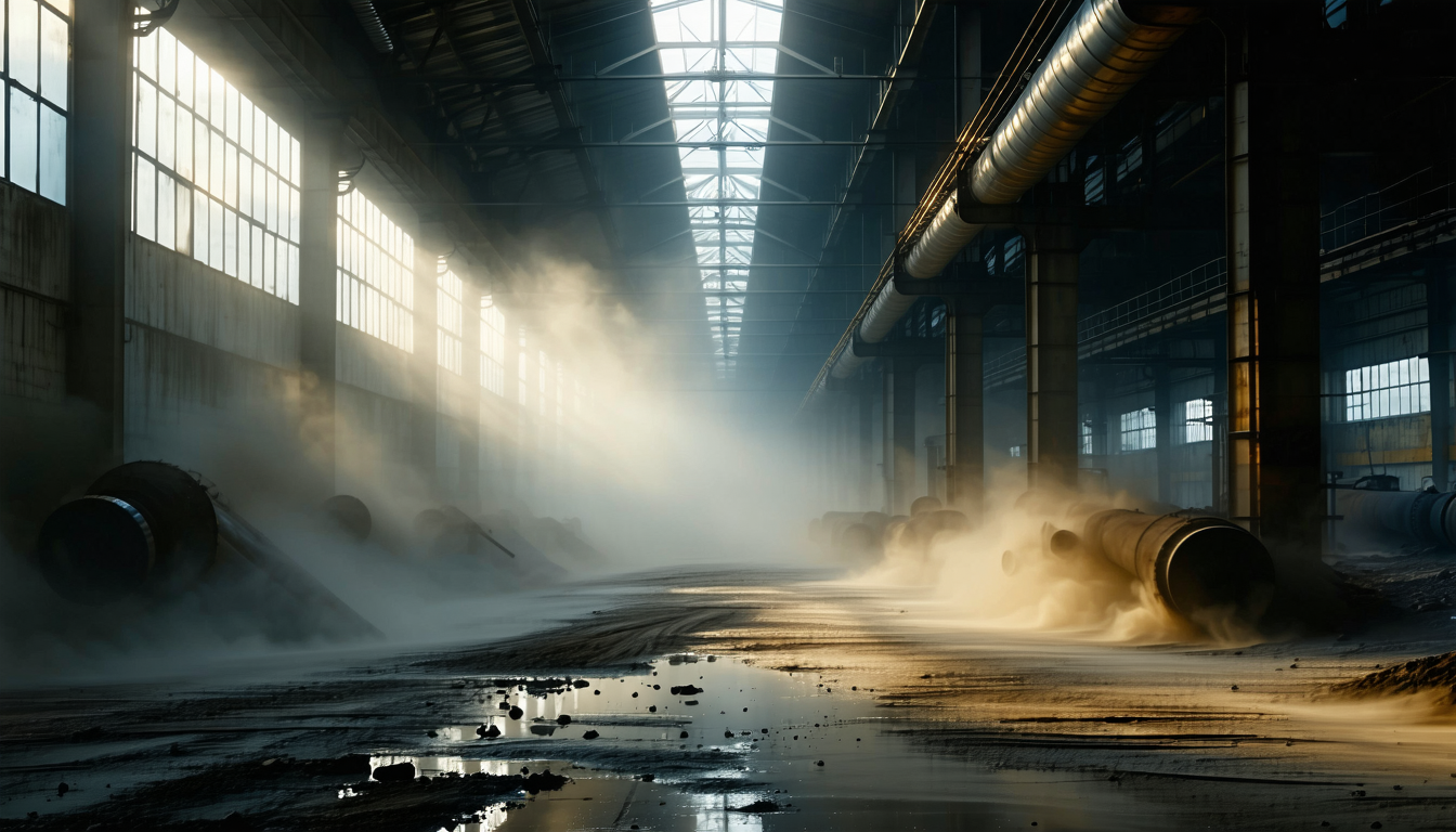 Factory interior with dust particles in air, dramatic lighting.