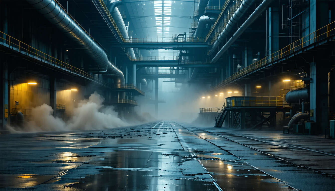 Industrial facility with dust accumulation under dramatic lighting.