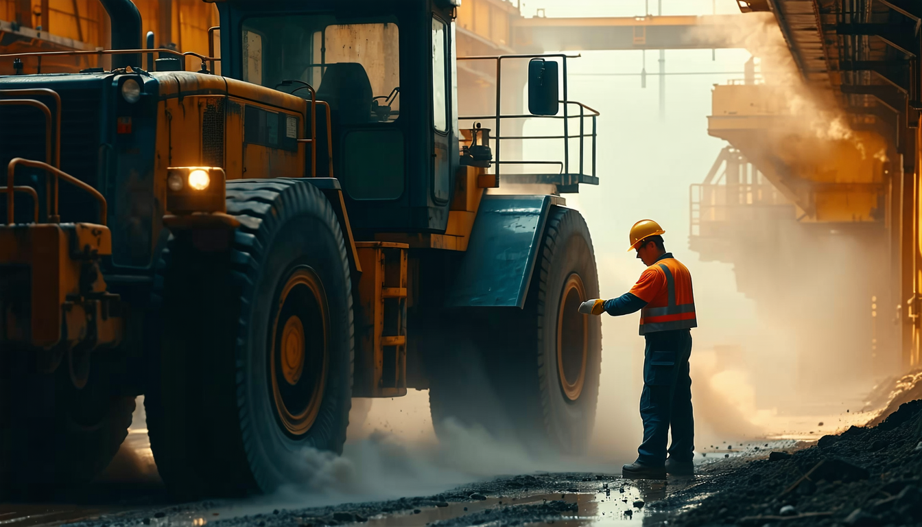 Worker inspects machinery in dusty, dramatic lighting with fog.