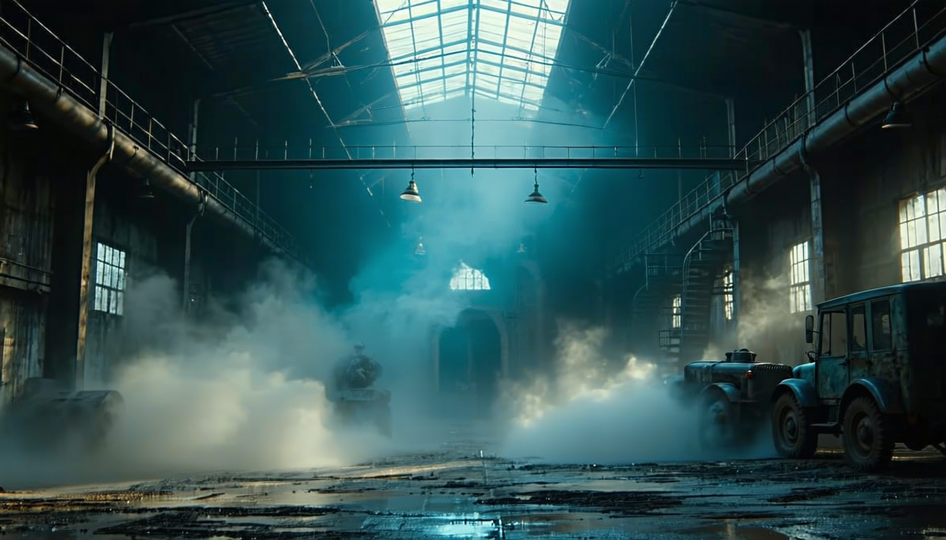 Factory with dust particles in the air, dramatic lighting, tense atmosphere.
