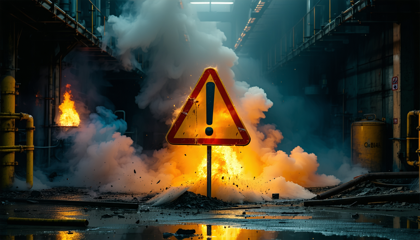 Dramatic industrial warning sign with OSHA and GHS compliance elements.