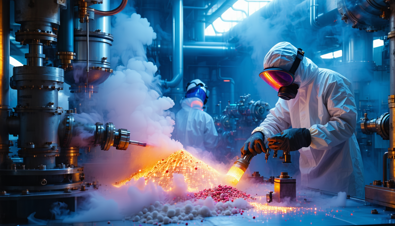 Scientists in a lab testing combustible dust with advanced equipment.