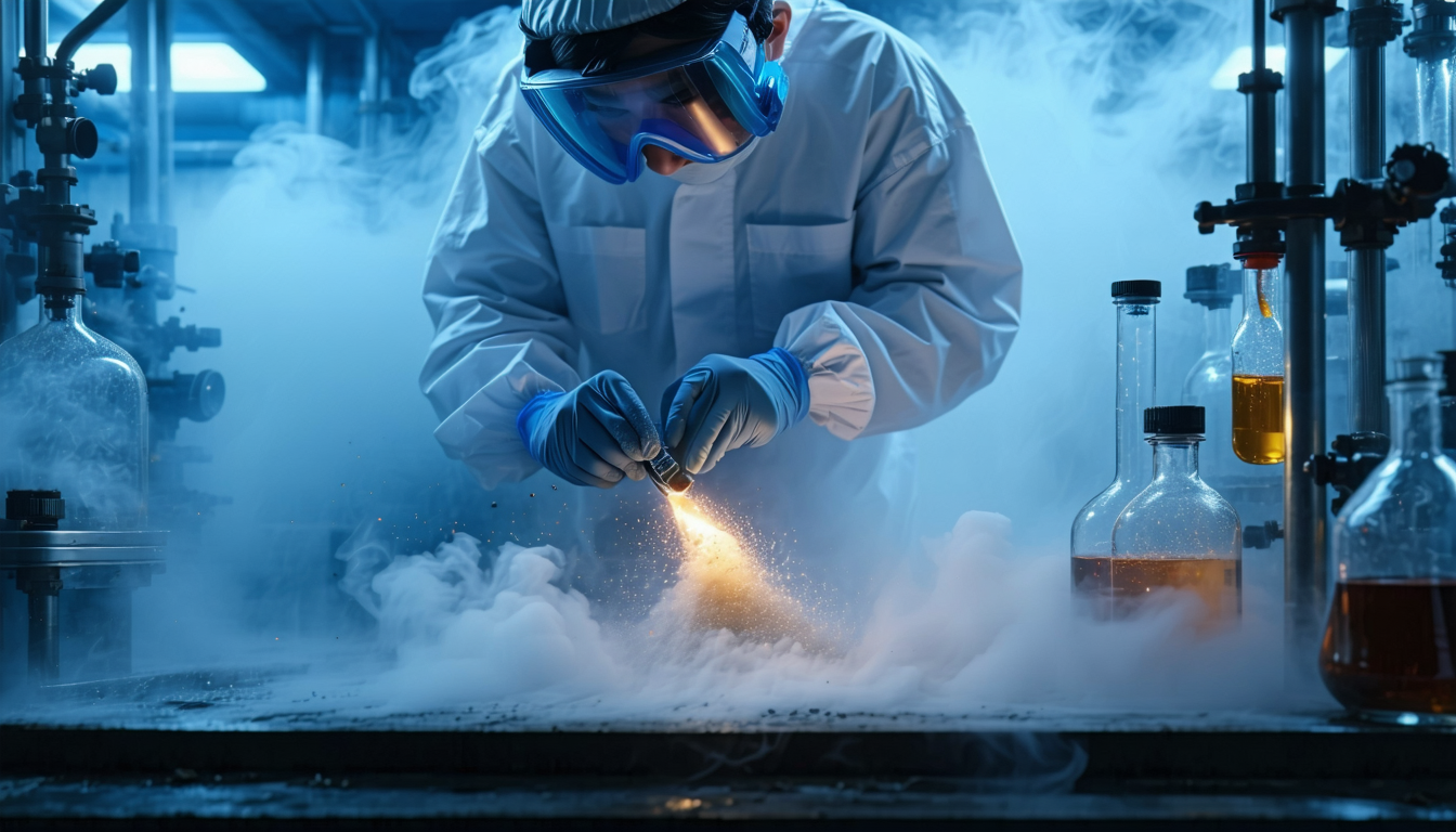 Technician collecting combustible dust samples in a lab with dramatic lighting.
