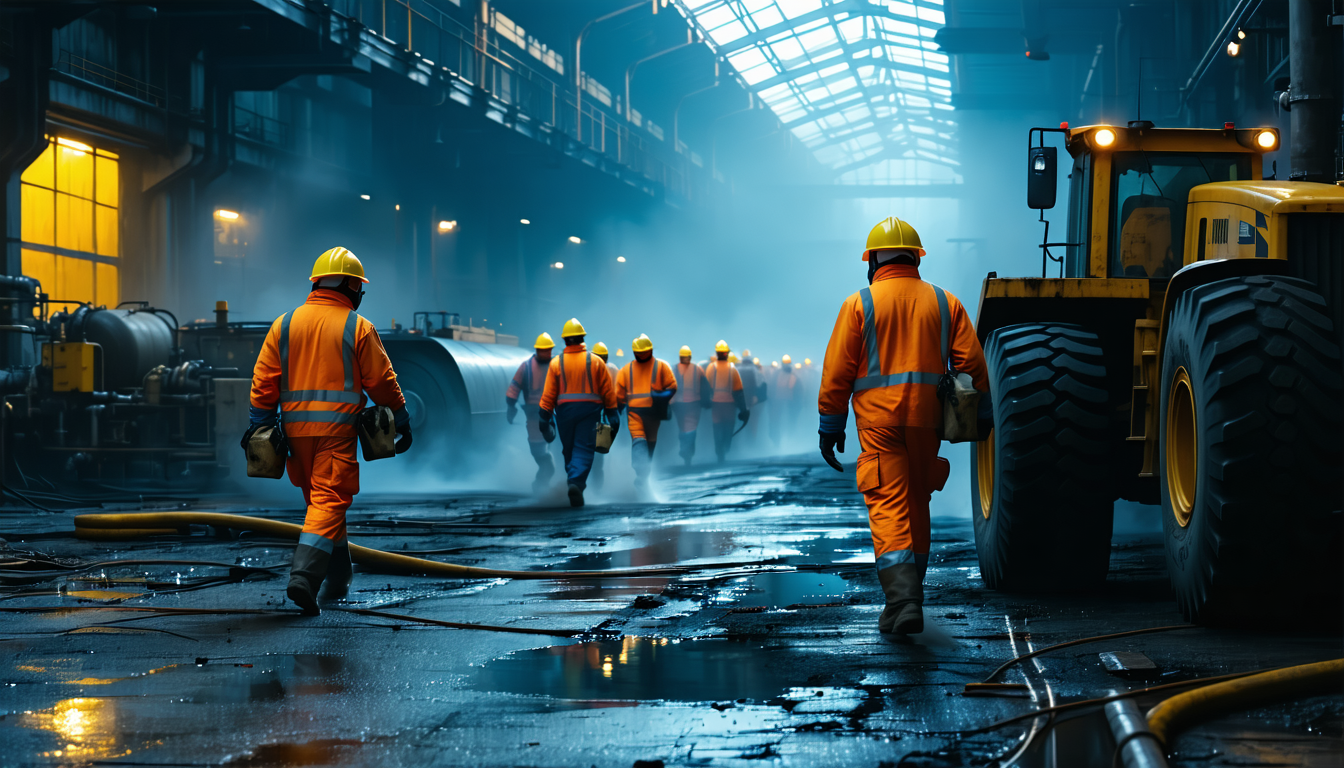 Workers in a factory receiving combustible dust training, dramatic lighting, volumetric fog.