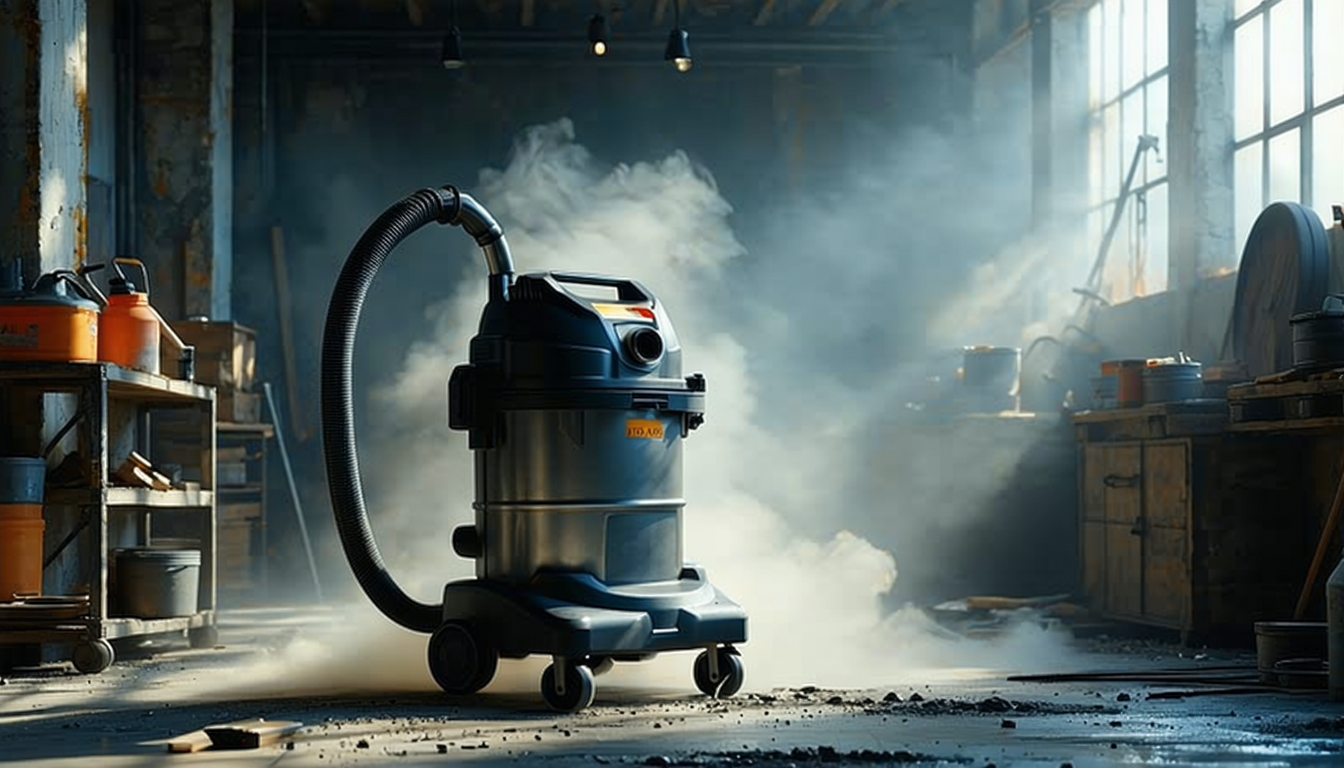 Metal shop vacuum in workshop, dramatic lighting, fog simulating dust.