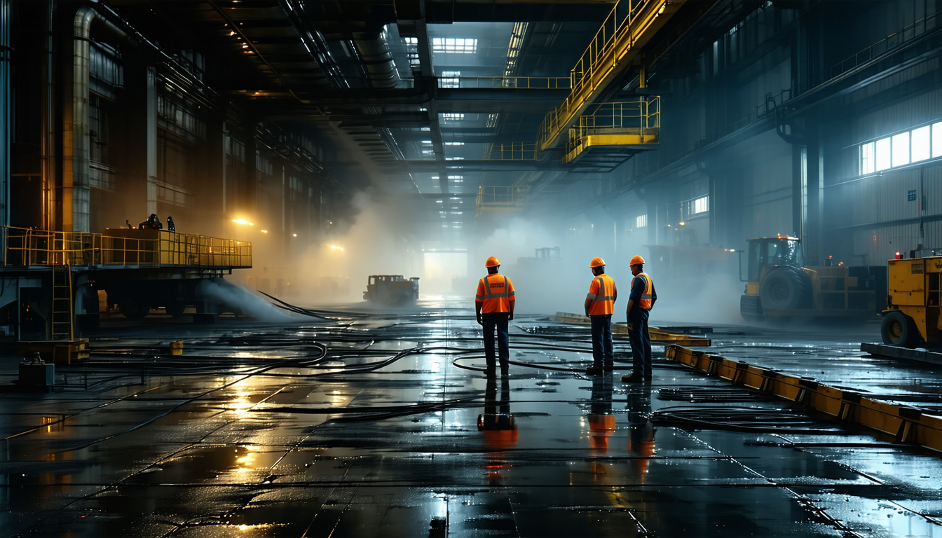 Industrial workers inspecting a facility with dust particles in dramatic lighting.