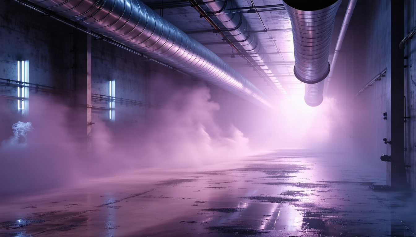 Cinematic view of dust collection system with PVC pipes and grounding elements.