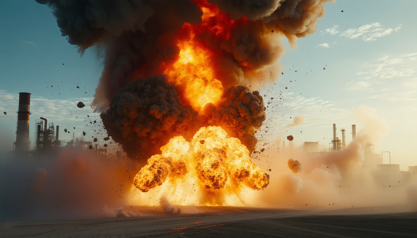 Industrial facility engulfed in dust explosion, flames and debris visible.