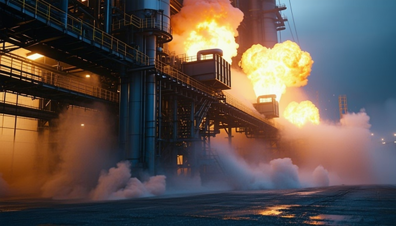 Industrial facility with explosion vent panels releasing gases during a dust explosion.
