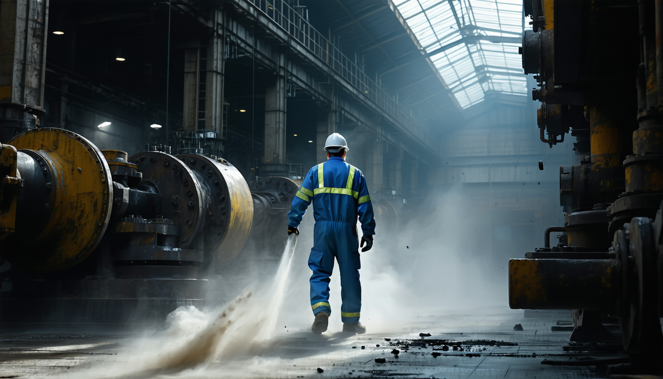 Worker in protective gear inspecting machinery with dust in dramatic lighting.