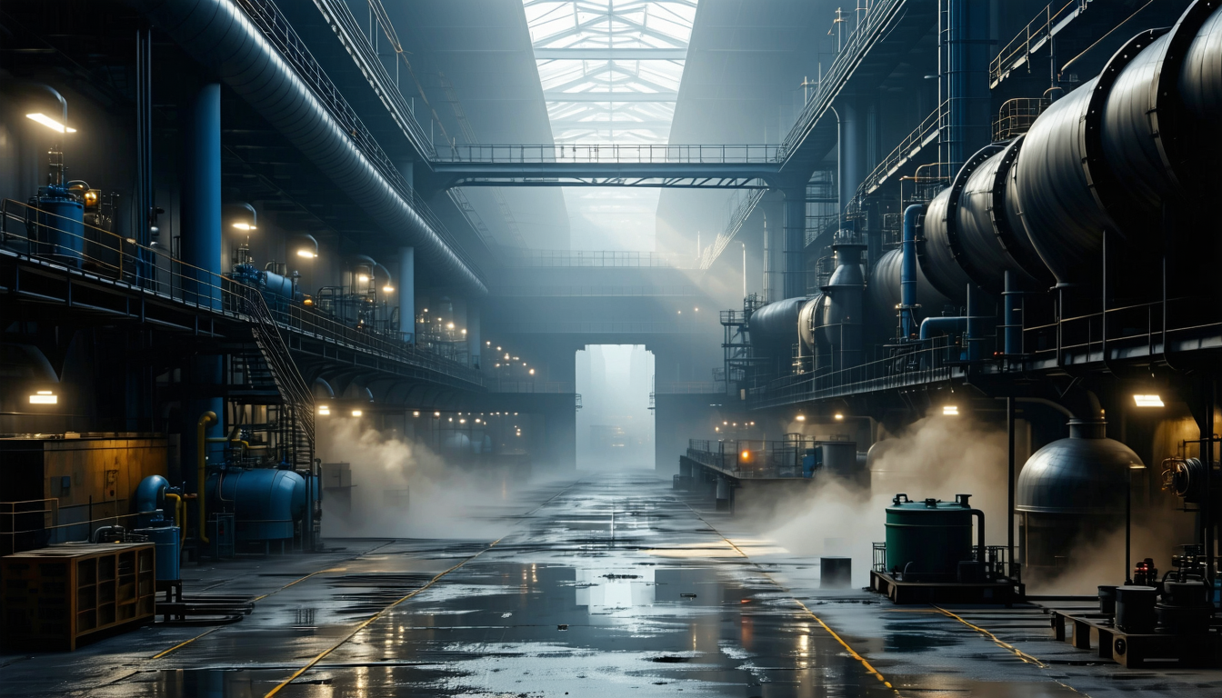 Industrial facility with dust particles and dramatic lighting.